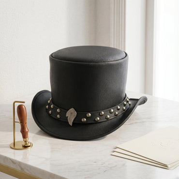 Handcrafted Steampunk Leather Top Hat – Distressed Gothic Statement Headwear