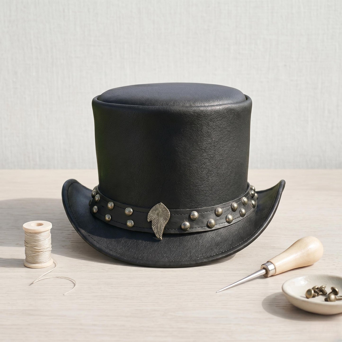 Handcrafted Steampunk Leather Top Hat – Distressed Gothic Statement Headwear