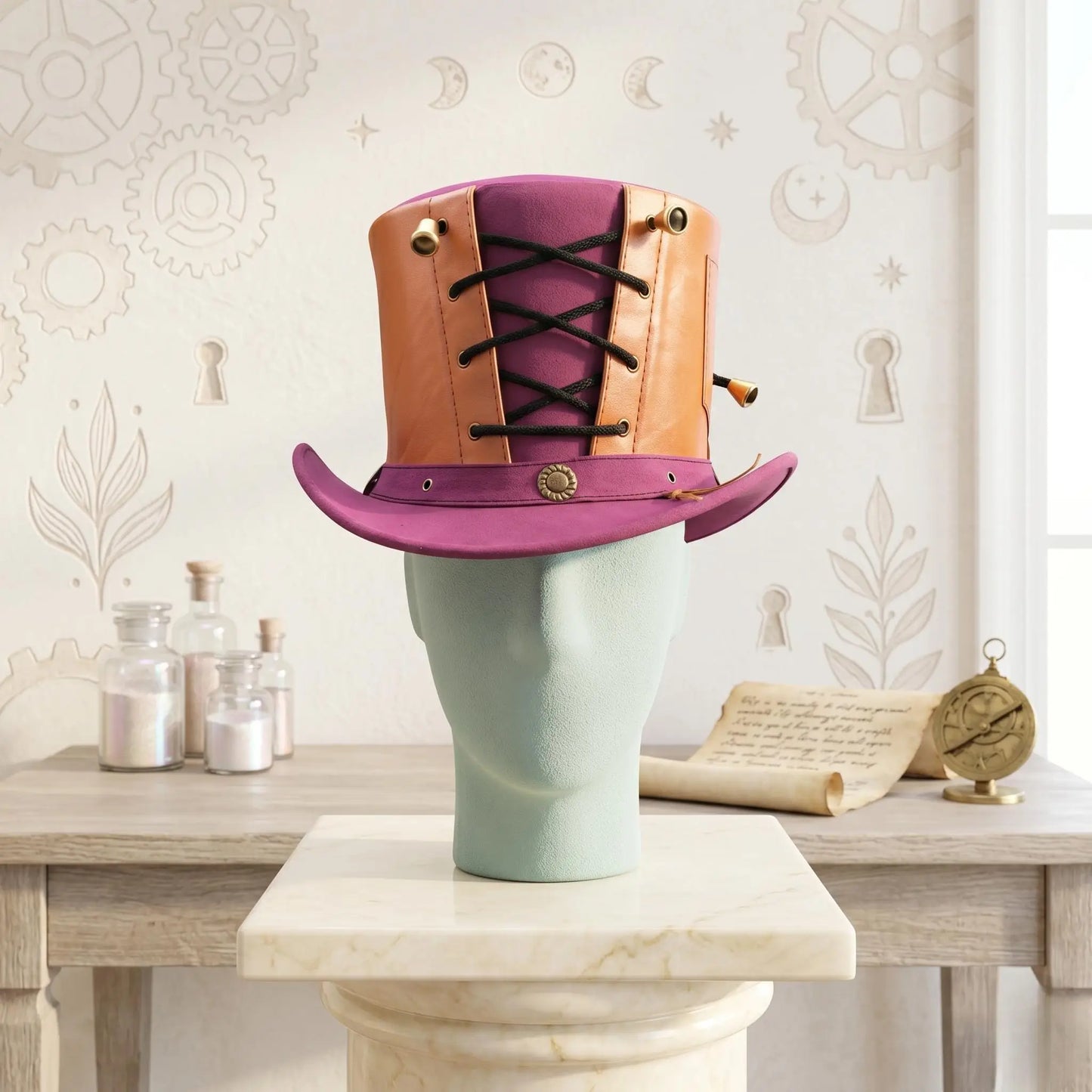 Handmade Steampunk Leather Top Hat – Victorian Gothic Lace-Up Statement Piece