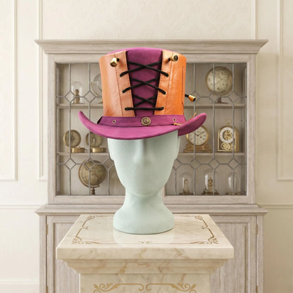 Handmade Steampunk Leather Top Hat – Victorian Gothic Lace-Up Statement Piece