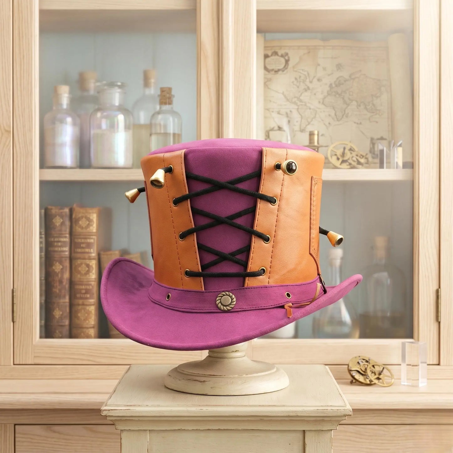 Handmade Steampunk Leather Top Hat – Victorian Gothic Lace-Up Statement Piece