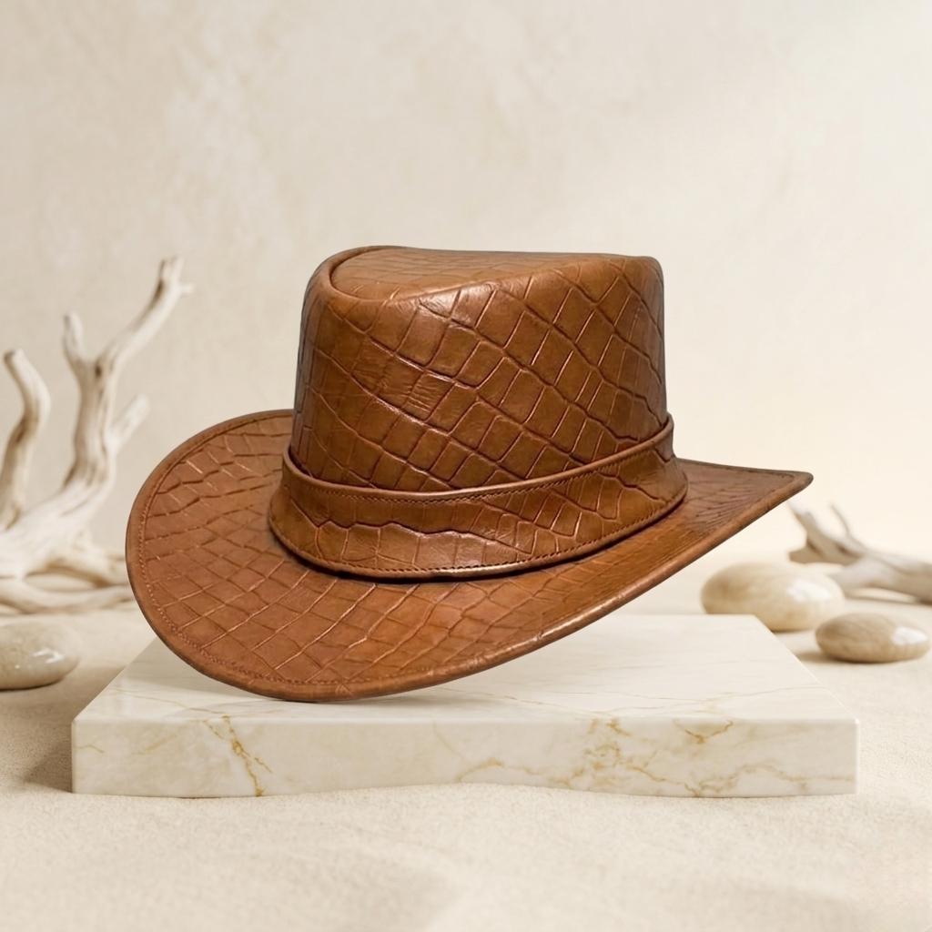 Crocodile Embossed Leather Cowboy Hat – Vintage Brown