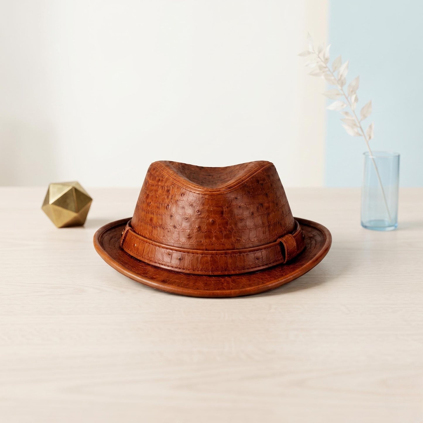 Handmade Brown Crocodile Ostrich Embossed Leather Fedora Hat – Vintage Western Luxury