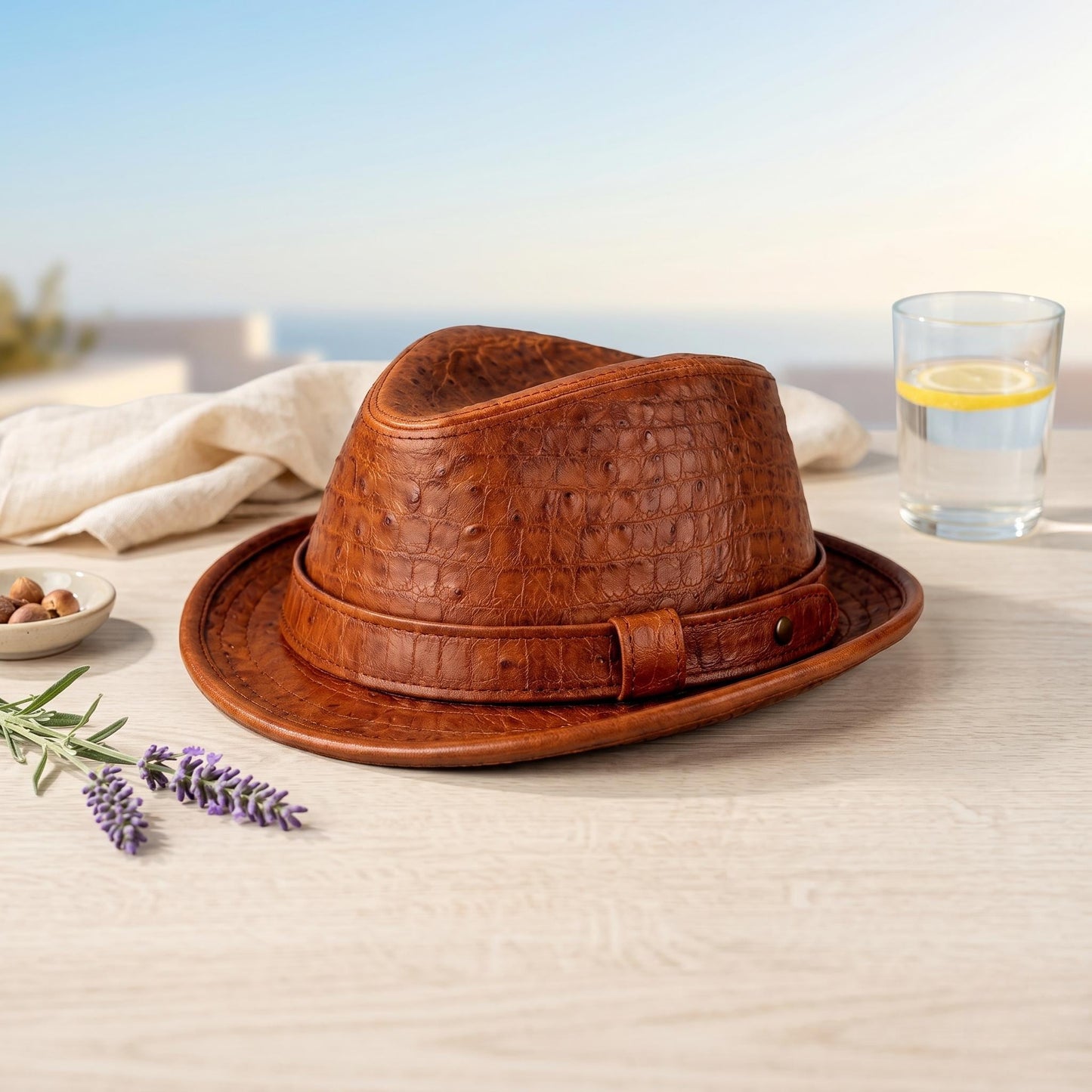 Handmade Brown Crocodile Ostrich Embossed Leather Fedora Hat – Vintage Western Luxury