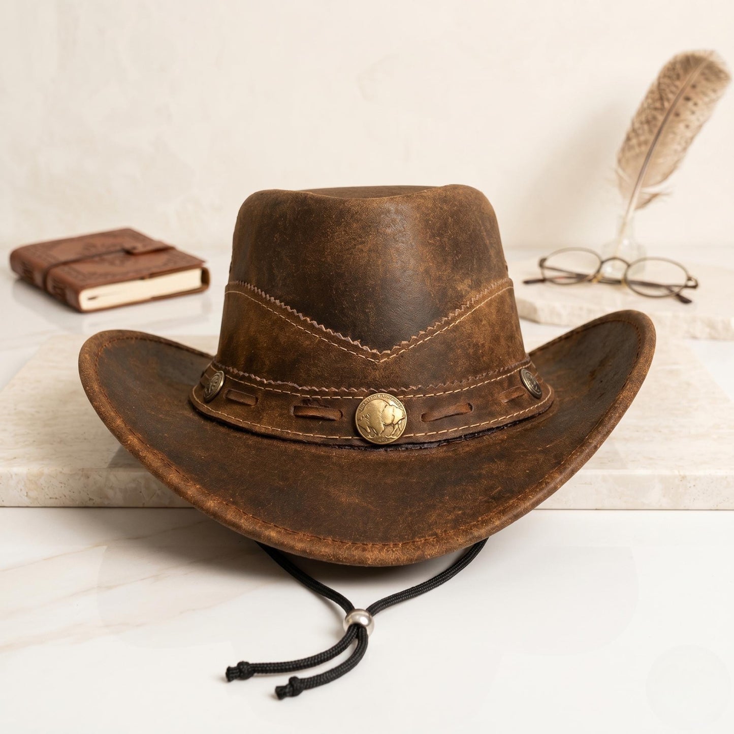 Distressed Brown Leather Cowboy Hat – Authentic Handmade Western Style