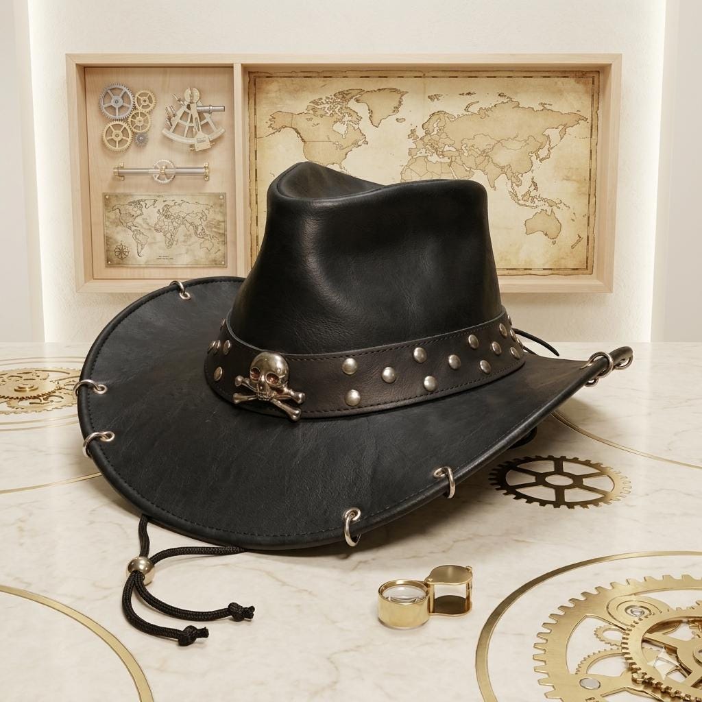 Black Leather Skull Pirate Hat – Gothic Buccaneer & Western Cosplay Headwear