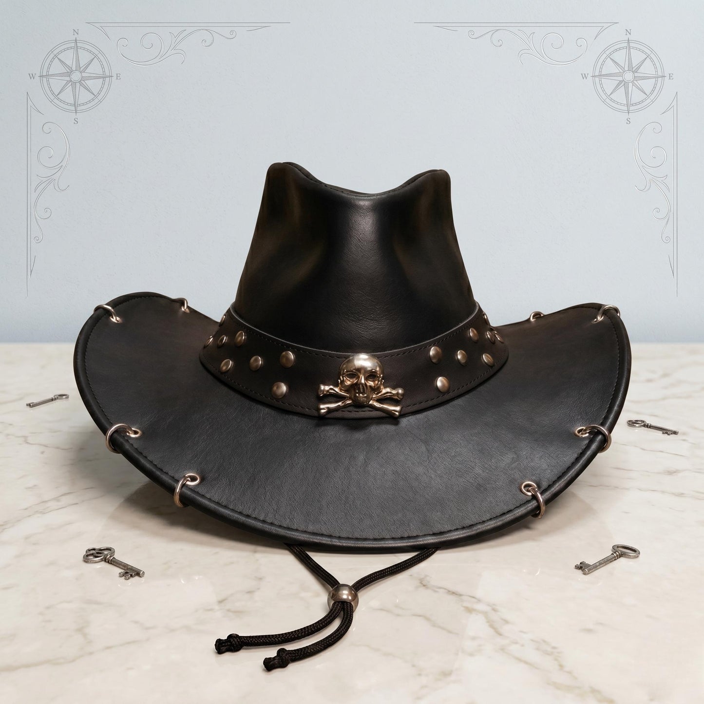 Black Leather Skull Pirate Hat – Gothic Buccaneer & Western Cosplay Headwear