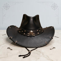 Black Leather Skull Pirate Hat – Gothic Buccaneer & Western Cosplay Headwear