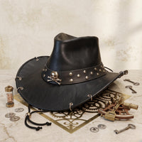 Black Leather Skull Pirate Hat – Gothic Buccaneer & Western Cosplay Headwear