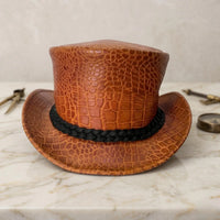Brown Croc-Embossed Leather Top Hat – Steampunk, Gothic, Festival Wear