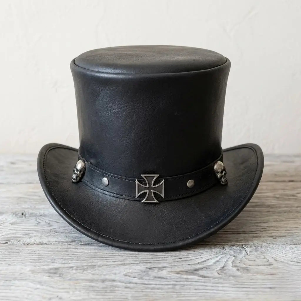 Gothic Leather Top Hat with Skull & Cross Band