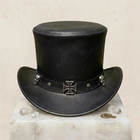 Gothic Leather Top Hat with Skull & Cross Band