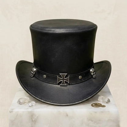 Gothic Leather Top Hat with Skull & Cross Band