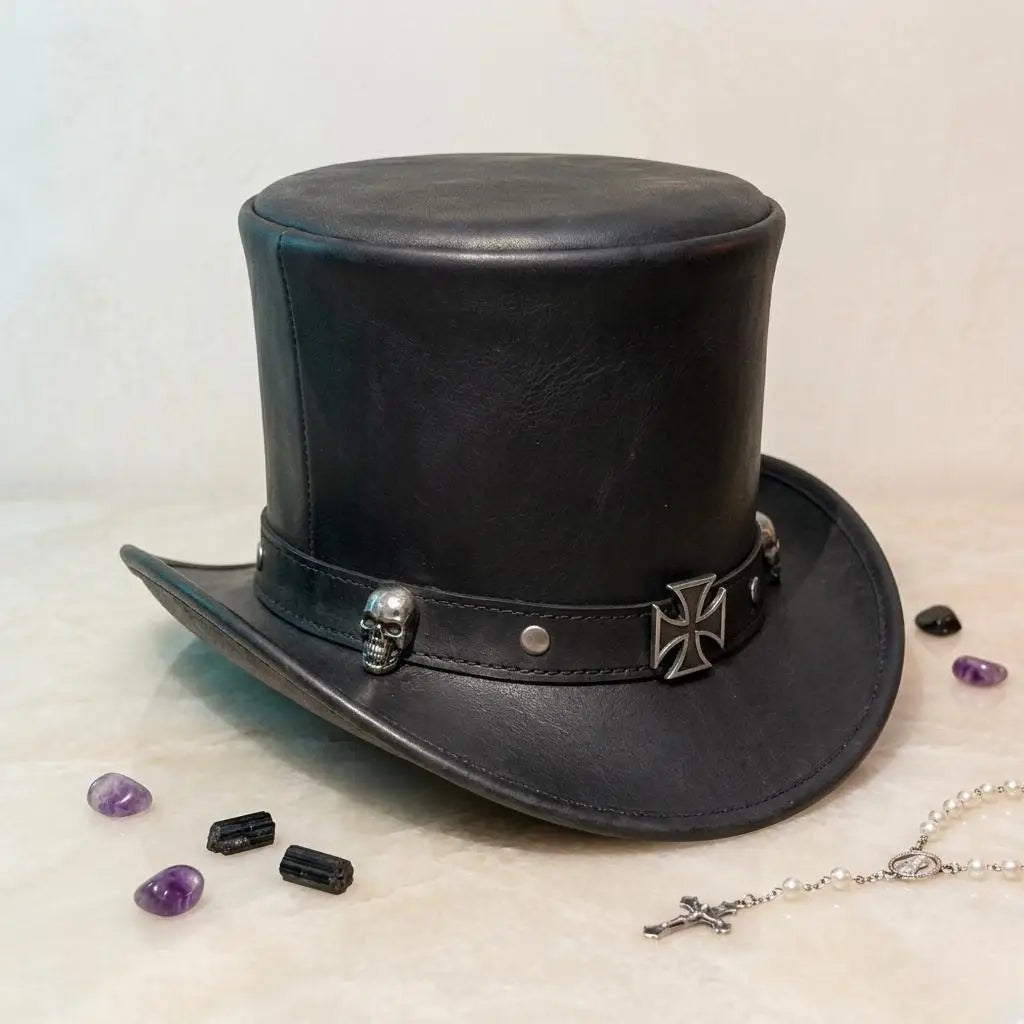 Gothic Leather Top Hat with Skull & Cross Band