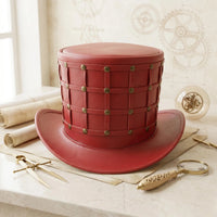 Handmade Red Leather Steampunk Top Hat – Gothic Victorian Festival & Cosplay Headwear