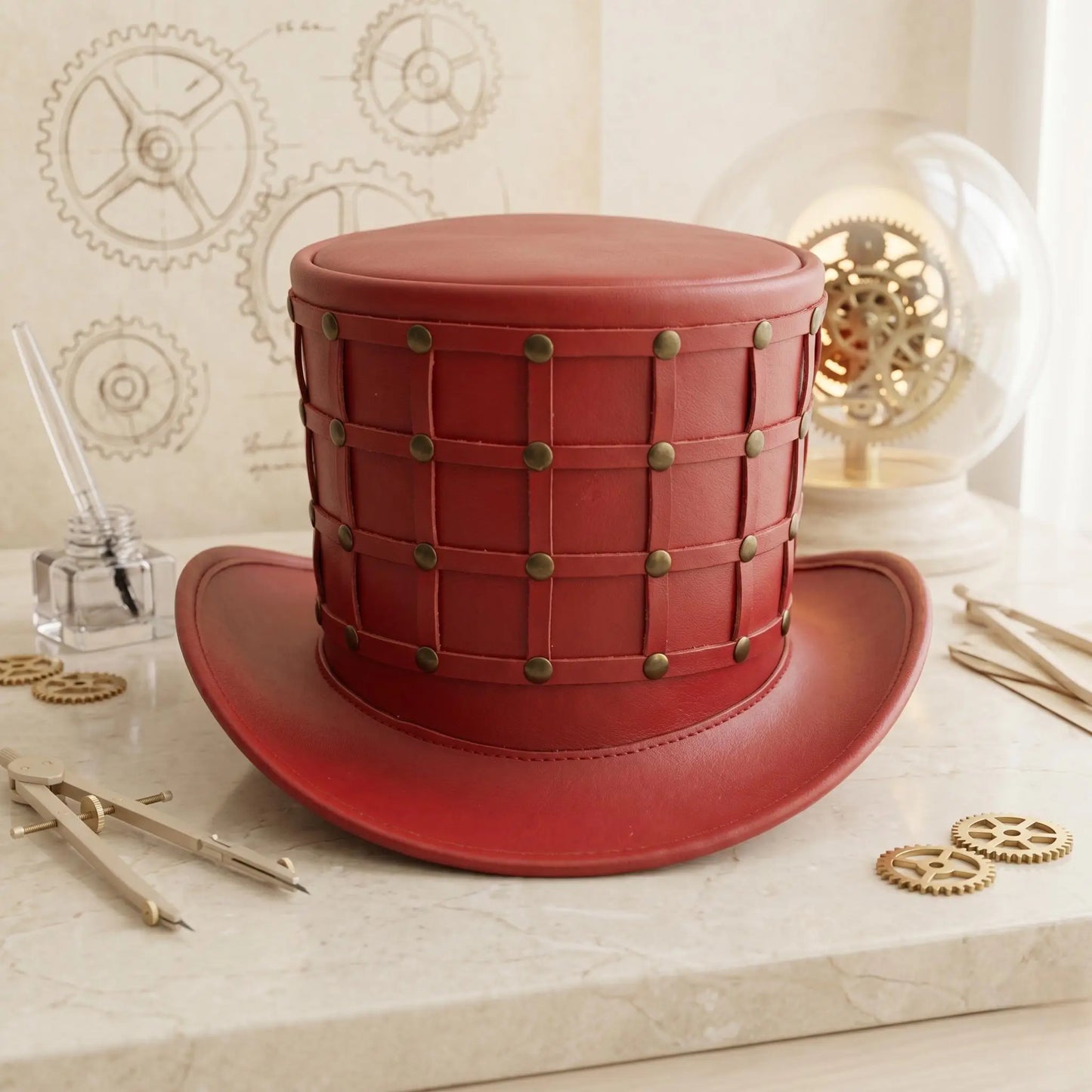 Handmade Red Leather Steampunk Top Hat – Gothic Victorian Festival & Cosplay Headwear