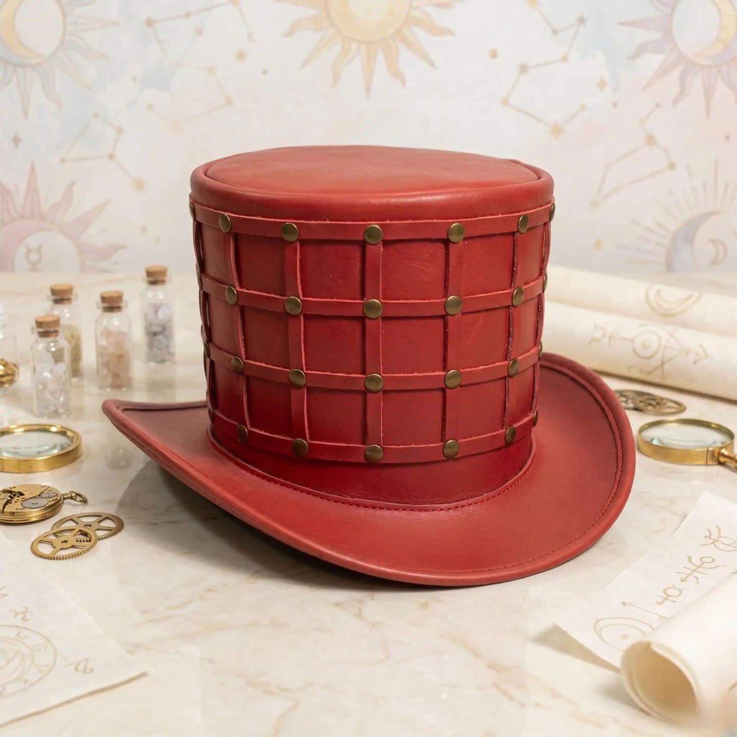 Handmade Red Leather Steampunk Top Hat – Gothic Victorian Festival & Cosplay Headwear