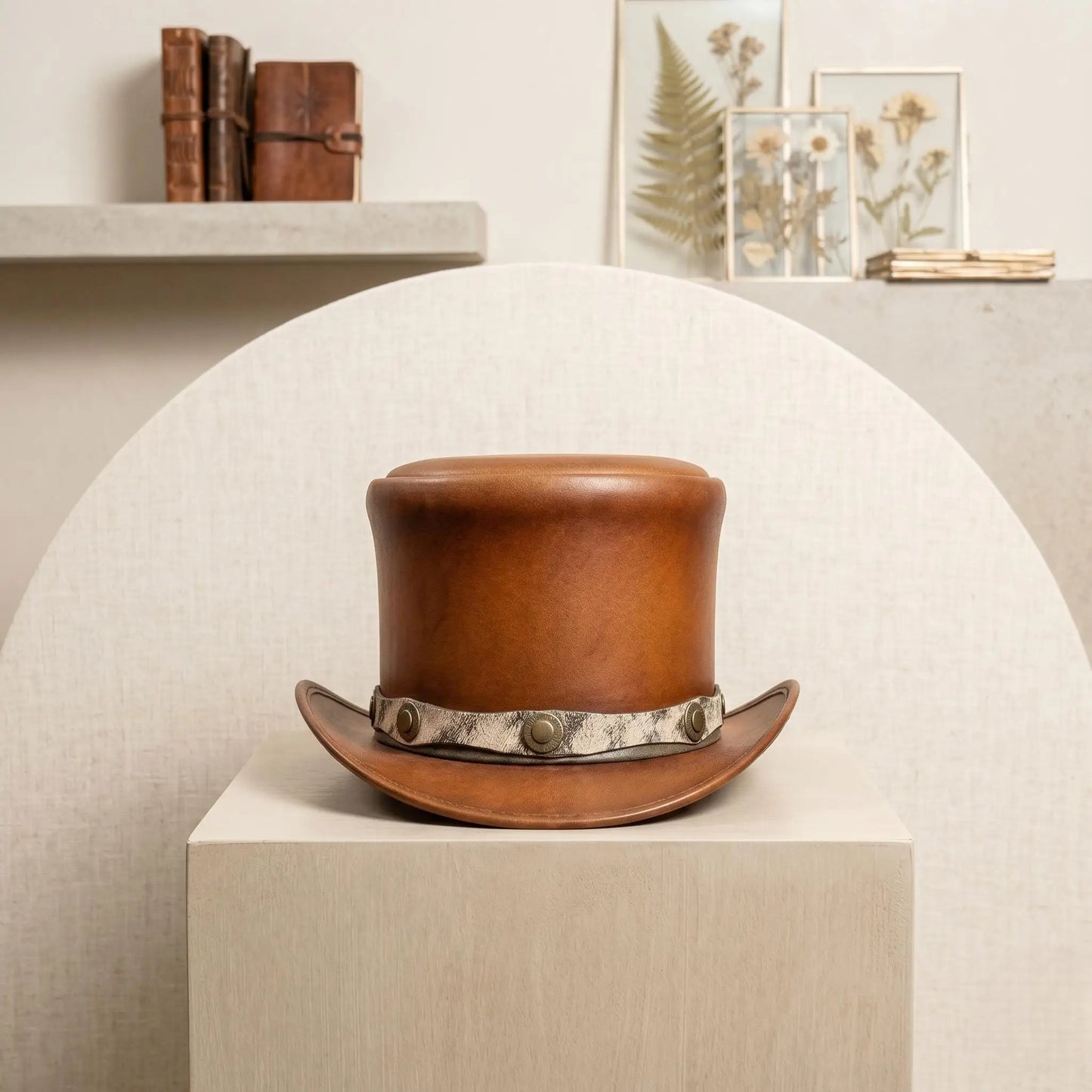 Handmade Brown Leather Steampunk Top Hat – Vintage Victorian Gothic Fashion