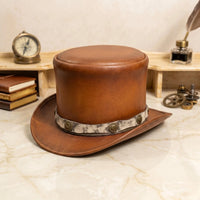 Handmade Brown Leather Steampunk Top Hat – Vintage Victorian Gothic Fashion