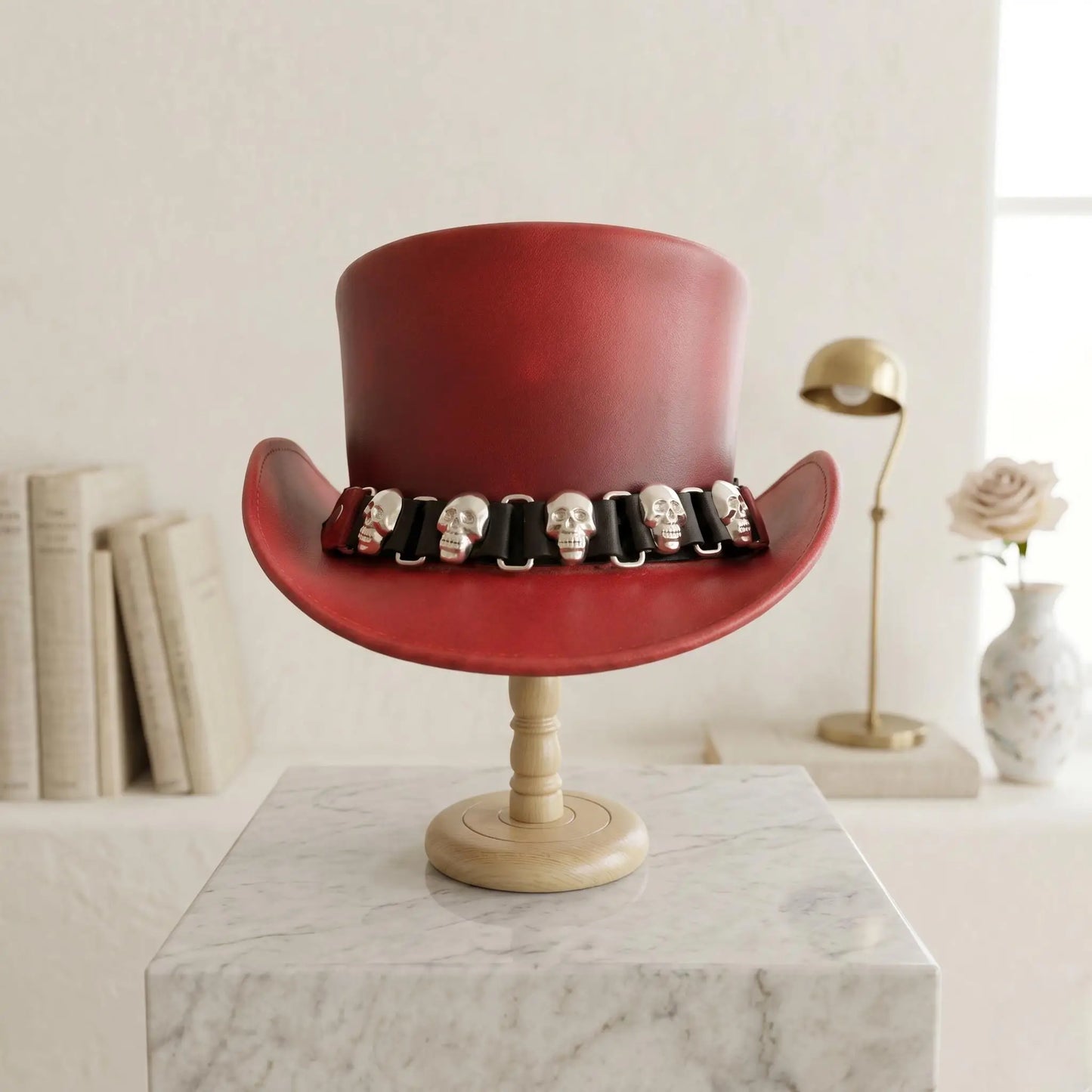 Handmade Red Leather Skull Top Hat – Bold Steampunk, Gothic & Cosplay Fashion