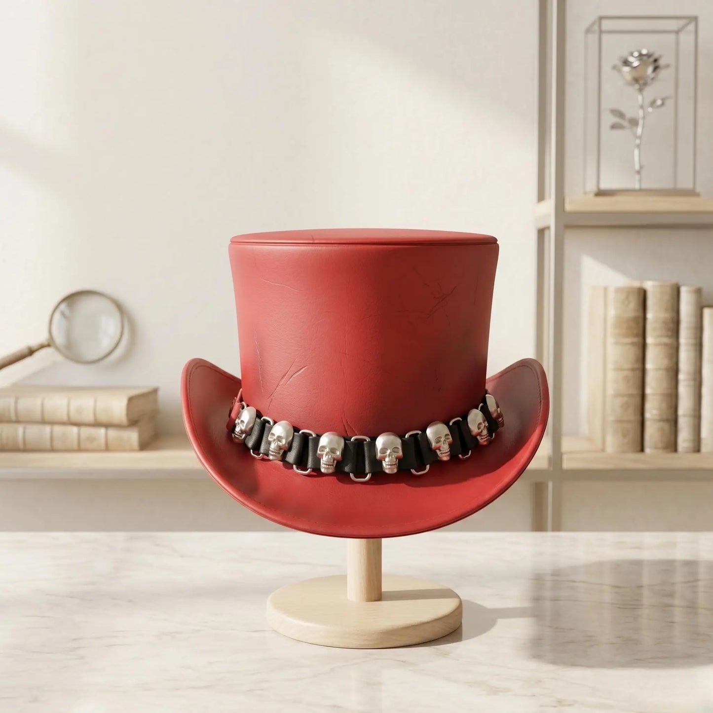 Handmade Red Leather Skull Top Hat – Bold Steampunk, Gothic & Cosplay Fashion