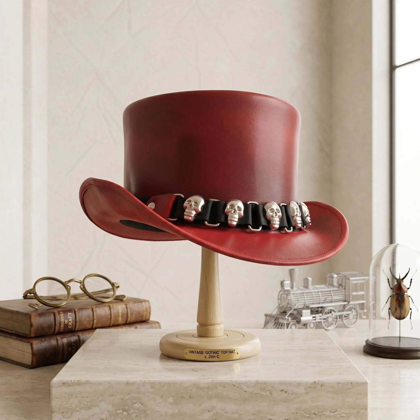 Handmade Red Leather Skull Top Hat – Bold Steampunk, Gothic & Cosplay Fashion