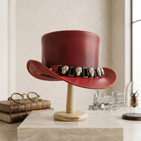 Handmade Red Leather Skull Top Hat – Bold Steampunk, Gothic & Cosplay Fashion