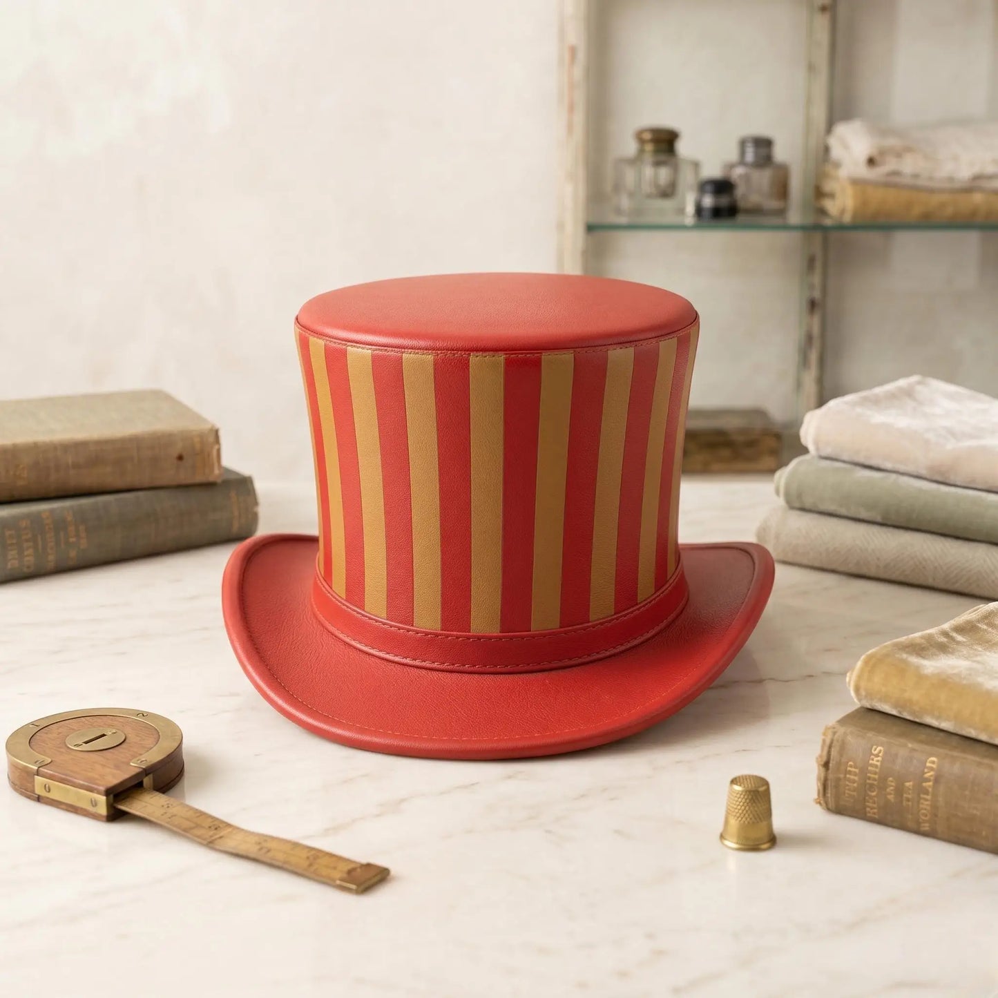 Red Striped Leather Top Hat – Steampunk & Victorian Statement Headwear