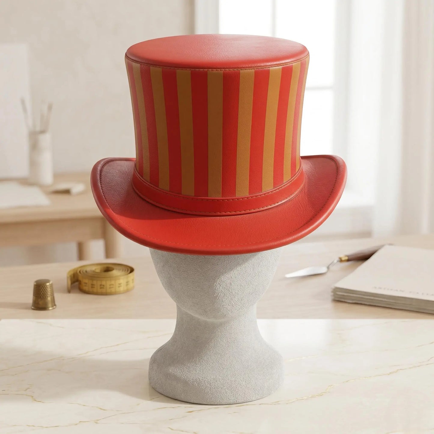 Red Striped Leather Top Hat – Steampunk & Victorian Statement Headwear