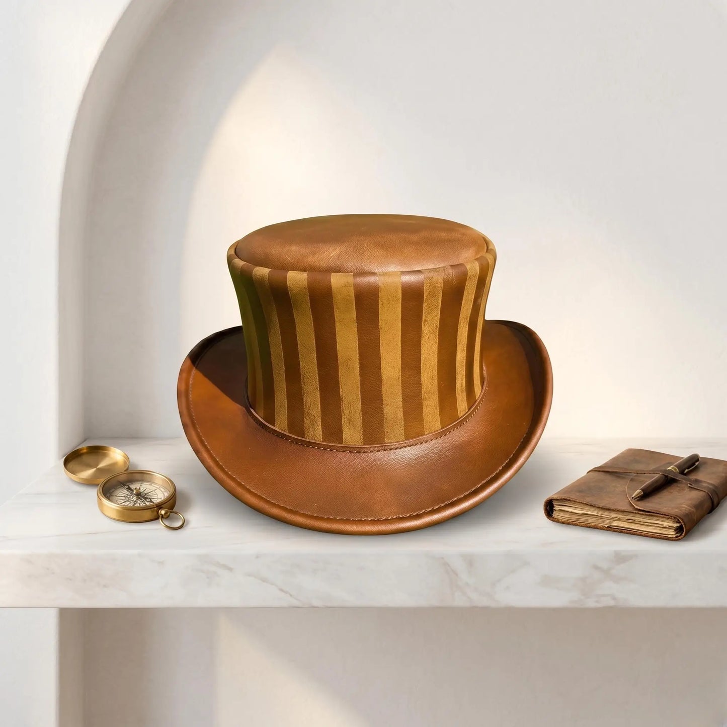 Handcrafted Striped Leather Top Hat – Steampunk & Victorian Cosplay Edition