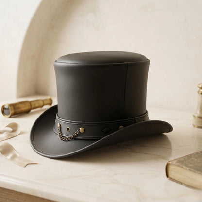 Handcrafted Steampunk Leather Top Hat – Victorian Gothic Cosplay & Alternative Fashion Headwear