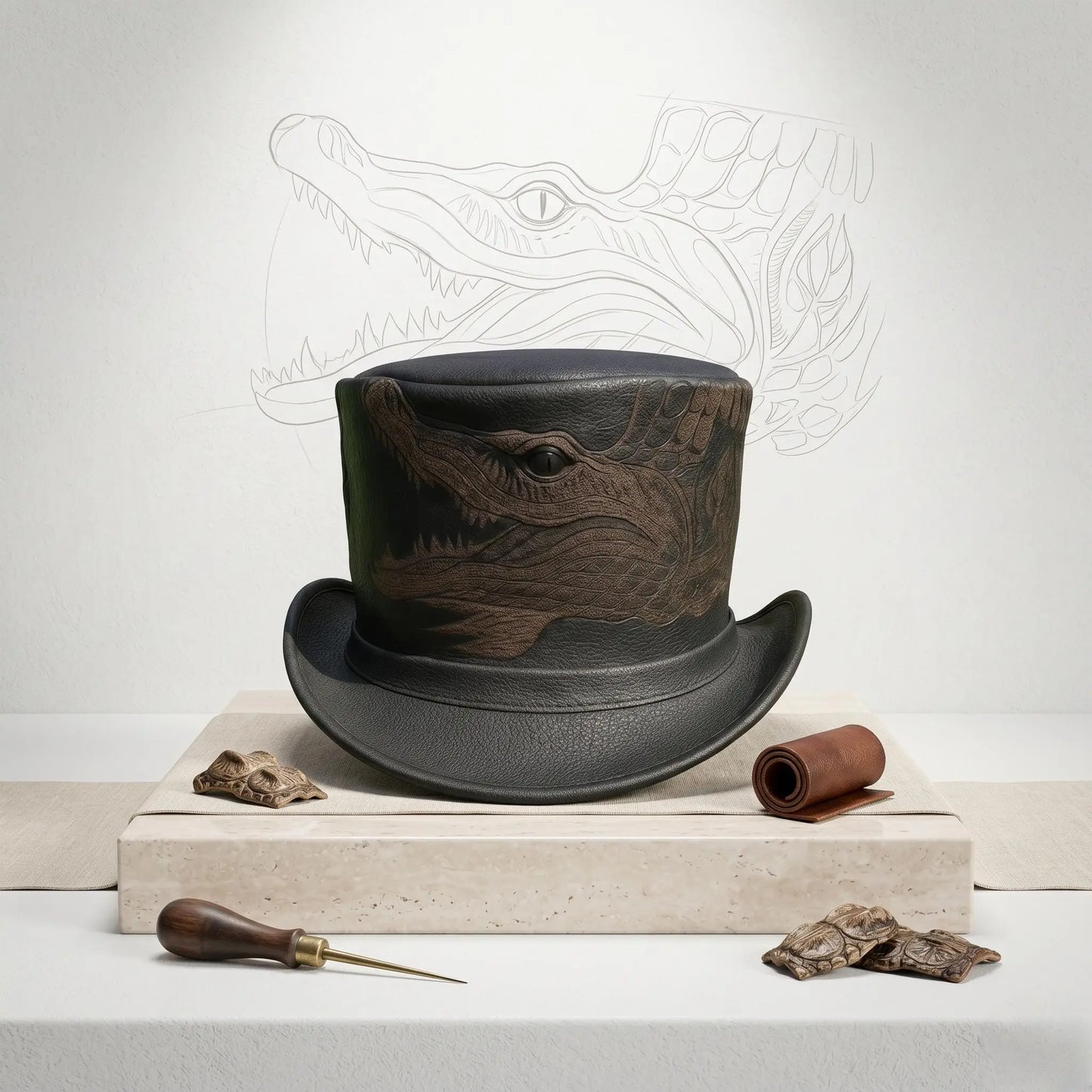 Handcrafted Dragon Leather Top Hat – Steampunk & Gothic Victorian Silhouette