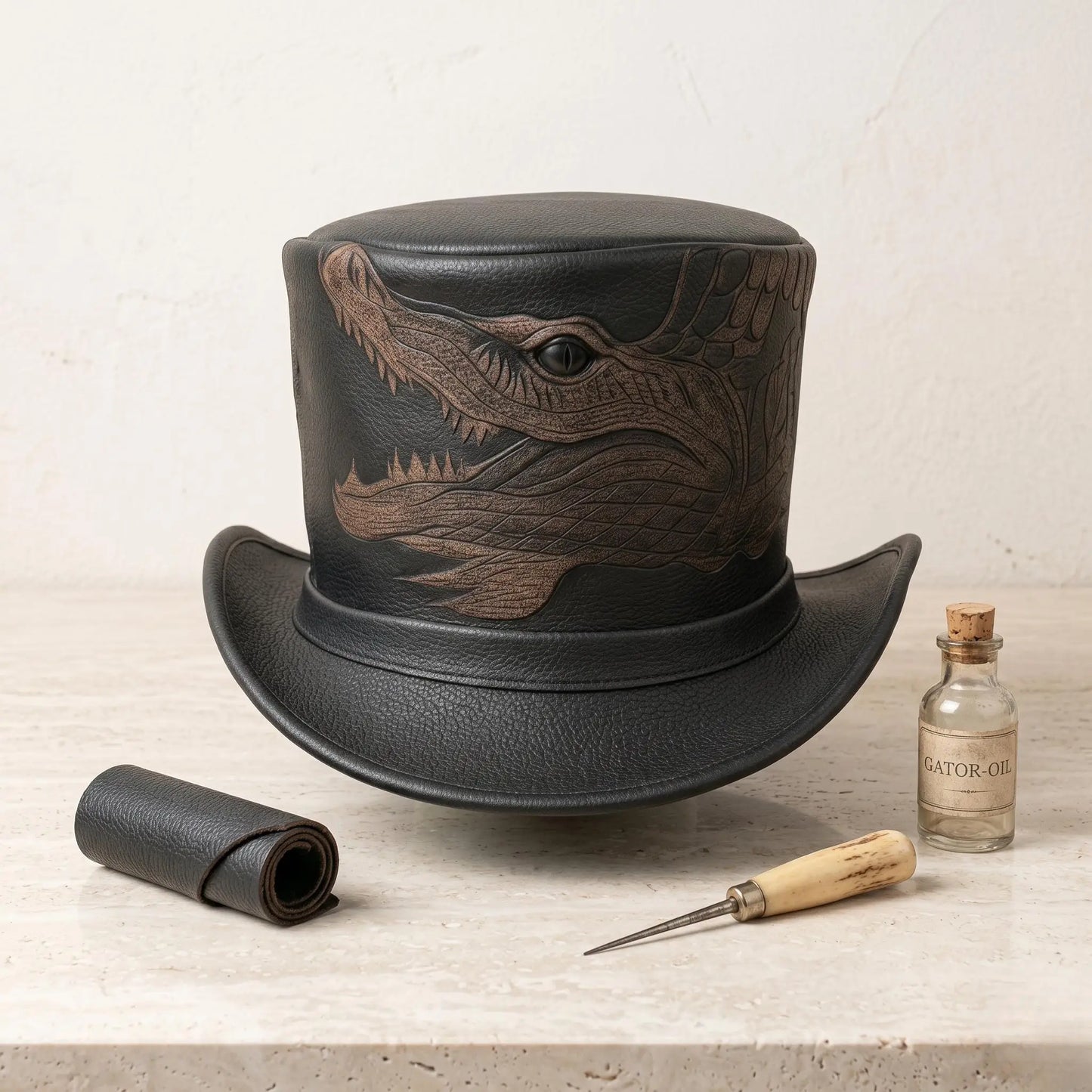 Handcrafted Dragon Leather Top Hat – Steampunk & Gothic Victorian Silhouette