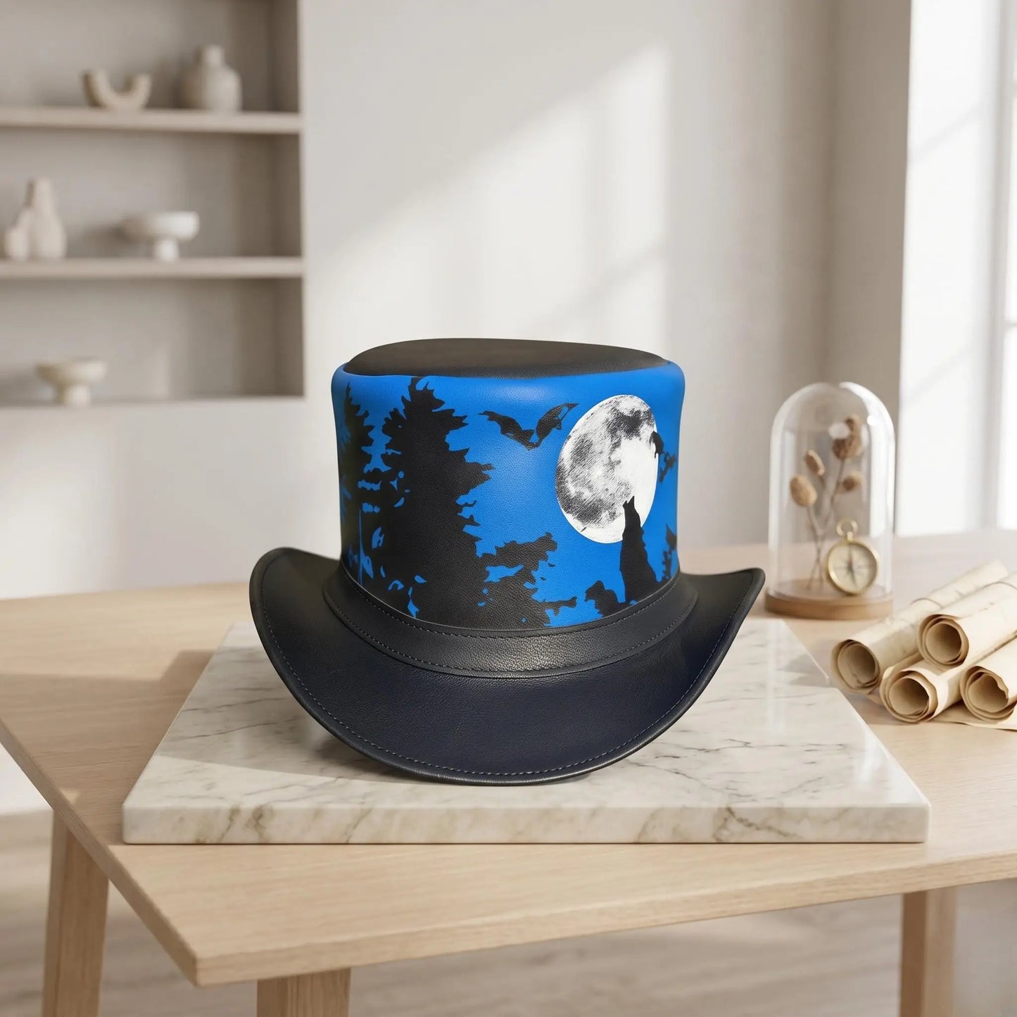 Handcrafted Steampunk Leather Top Hat – Gothic Moonlit Forest & Bats Design