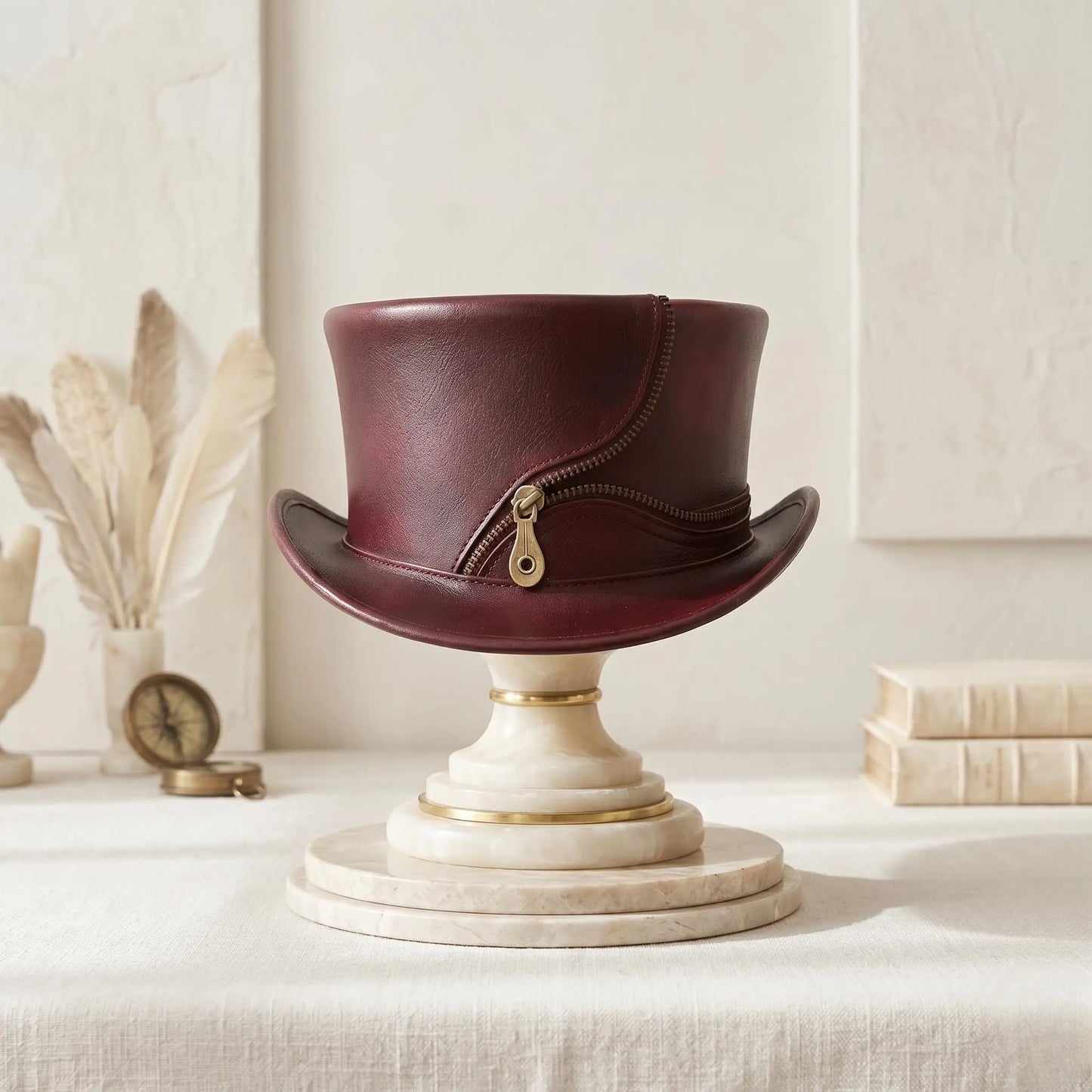 Handcrafted Burgundy Leather Steampunk Top Hat | Gothic & Victorian Zipper Detail