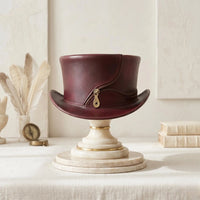 Handcrafted Burgundy Leather Steampunk Top Hat | Gothic & Victorian Zipper Detail
