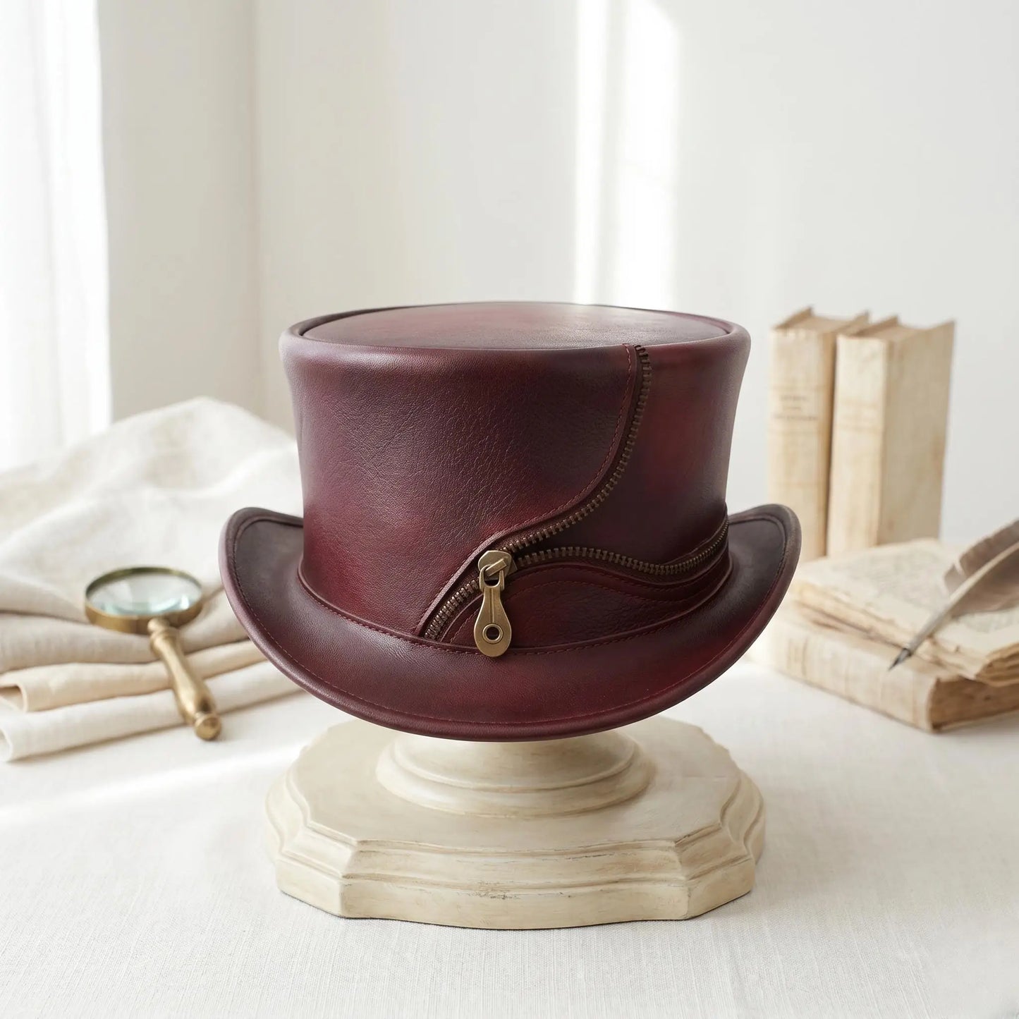 Handcrafted Burgundy Leather Steampunk Top Hat | Gothic & Victorian Zipper Detail