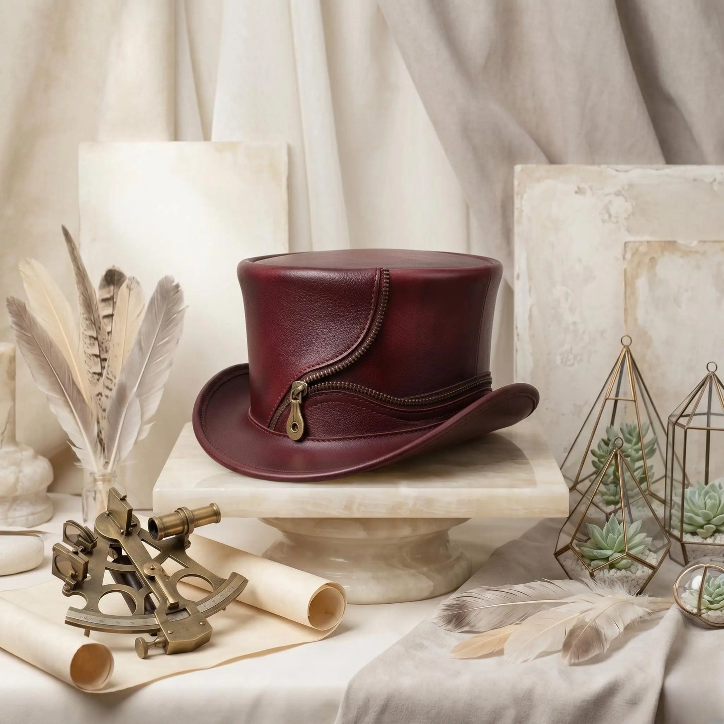 Handcrafted Burgundy Leather Steampunk Top Hat | Gothic & Victorian Zipper Detail