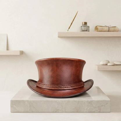 Handmade Brown Leather Top Hat – Vintage Western Steampunk Style