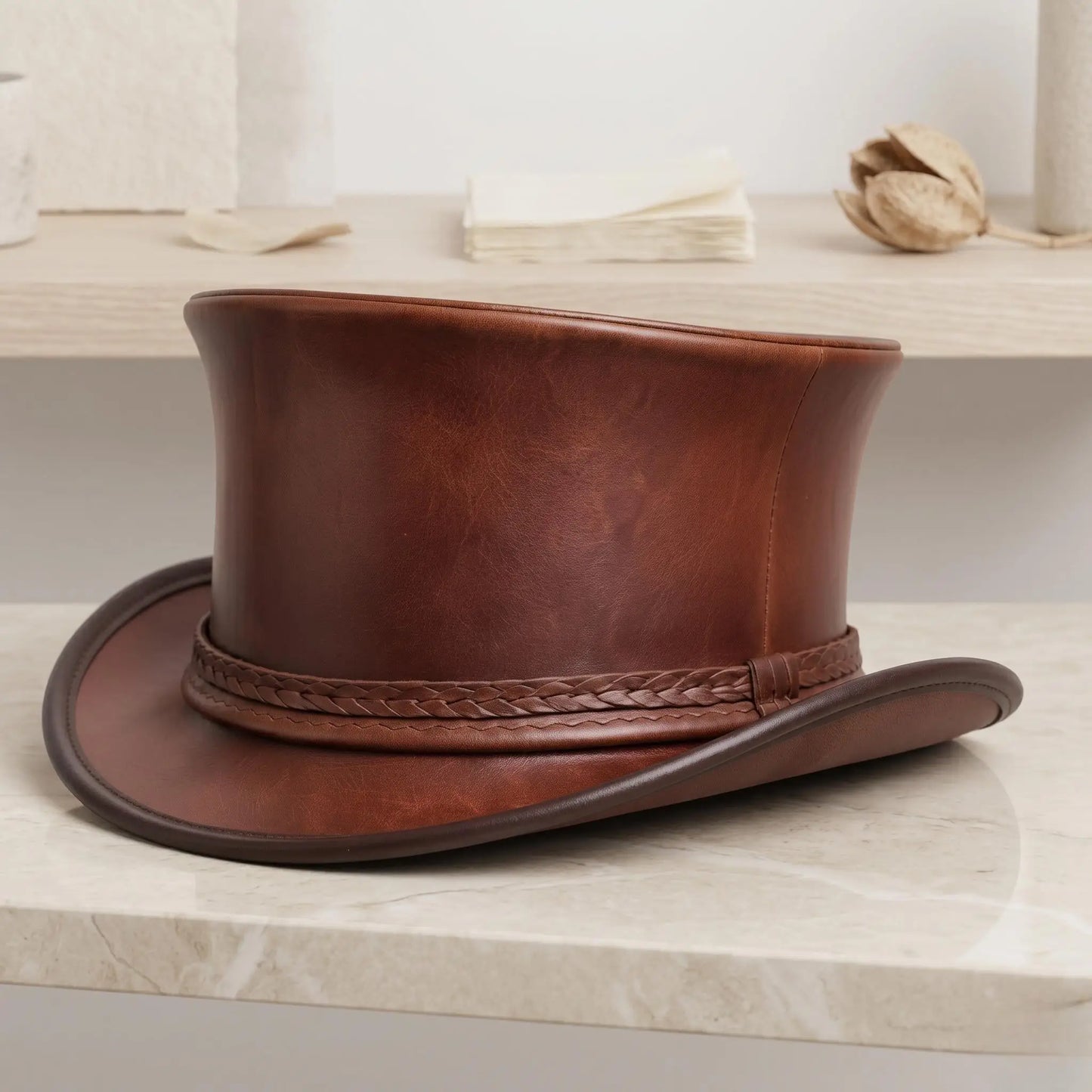 Handmade Brown Leather Top Hat – Vintage Western Steampunk Style