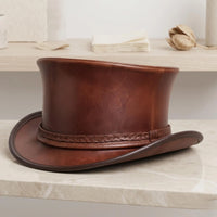 Handmade Brown Leather Top Hat – Vintage Western Steampunk Style