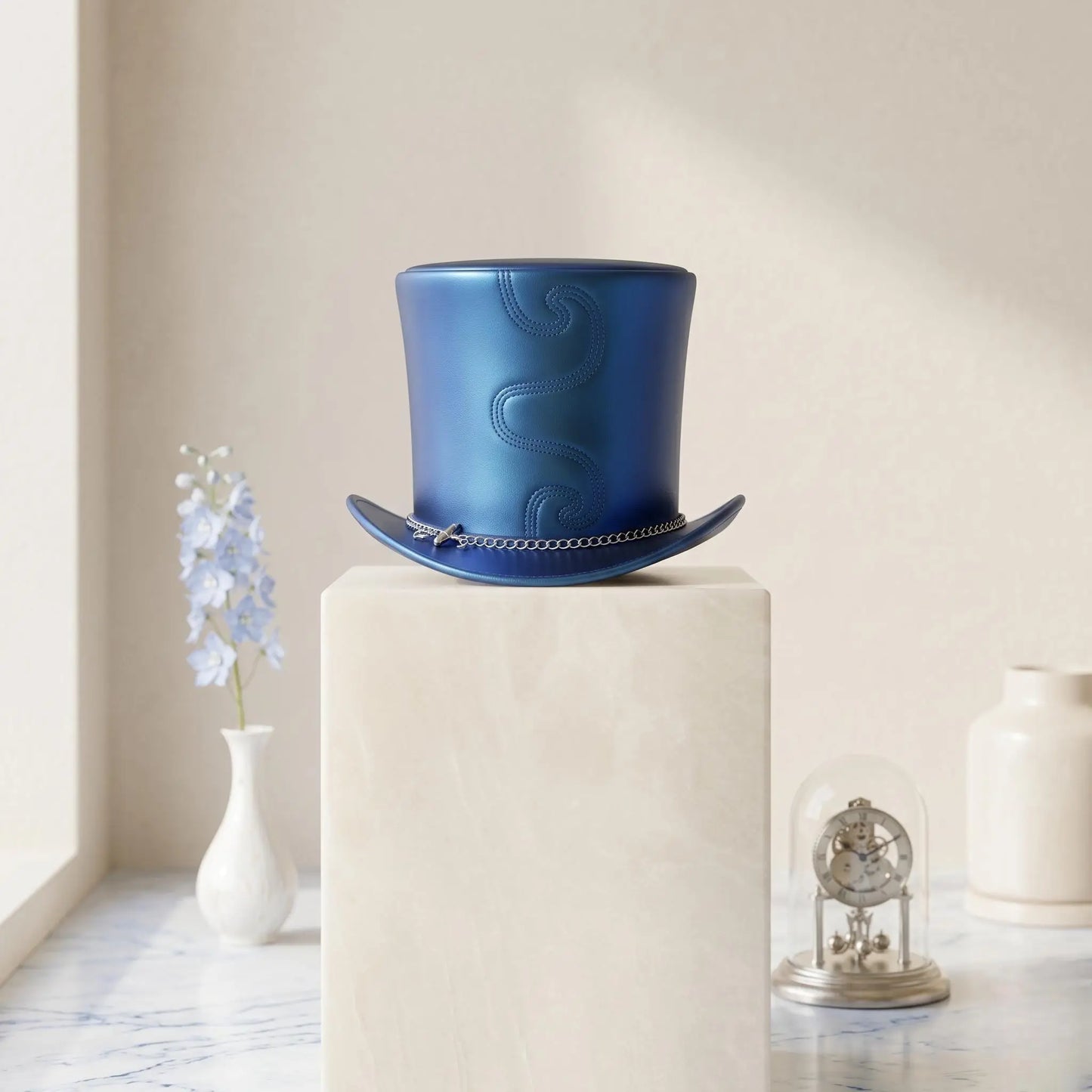 Blue Leather Steampunk Top Hat with Silver Chain Band
