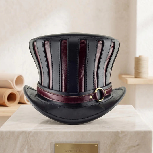Handmade Steampunk Leather Top Hat — Black & Burgundy Victorian Gothic Cosplay Hat