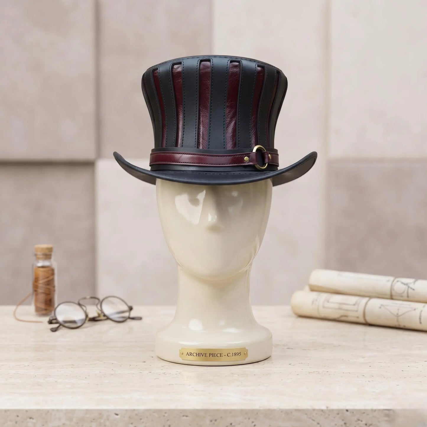 Handmade Steampunk Leather Top Hat — Black & Burgundy Victorian Gothic Cosplay Hat