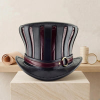 Handmade Steampunk Leather Top Hat — Black & Burgundy Victorian Gothic Cosplay Hat