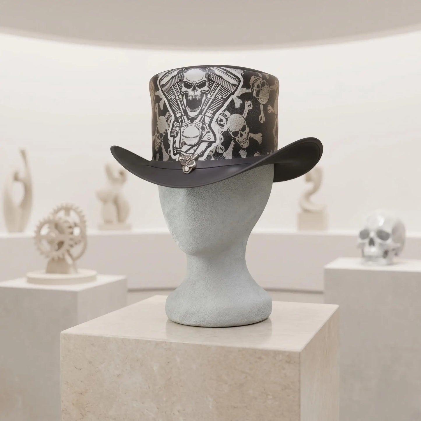 High-Octane Gothic Style Handcrafted Leather Skull & Engine Top Hat