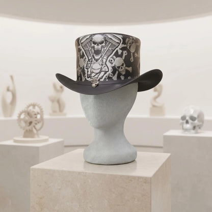 High-Octane Gothic Style Handcrafted Leather Skull & Engine Top Hat