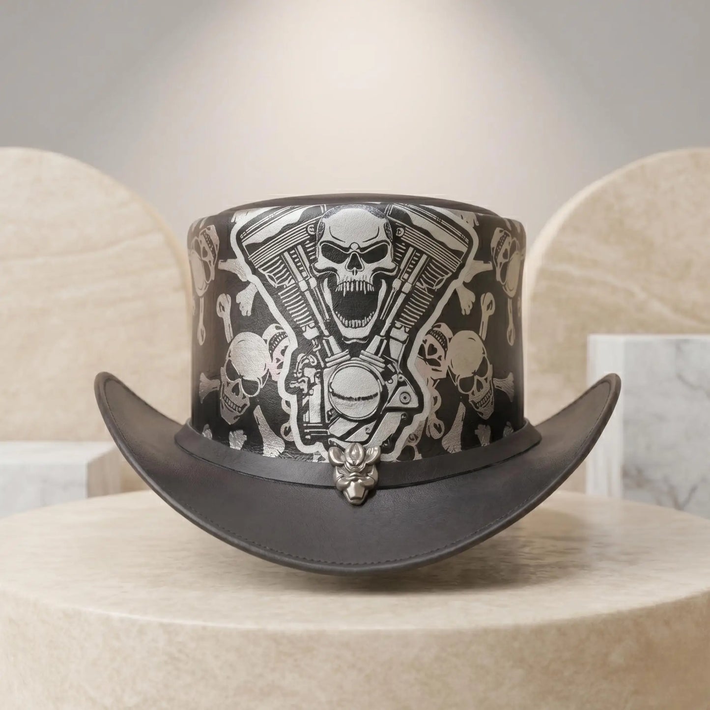 High-Octane Gothic Style Handcrafted Leather Skull & Engine Top Hat