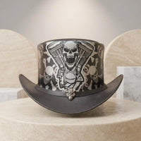 High-Octane Gothic Style Handcrafted Leather Skull & Engine Top Hat