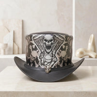 High-Octane Gothic Style Handcrafted Leather Skull & Engine Top Hat